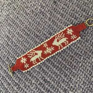Handmade Reindeer peyote stitch hand crafted bracelet Deer red white